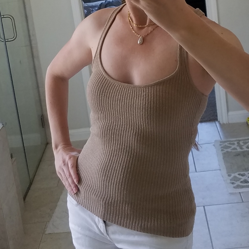 BeBe racerback tank with gold shimmer.